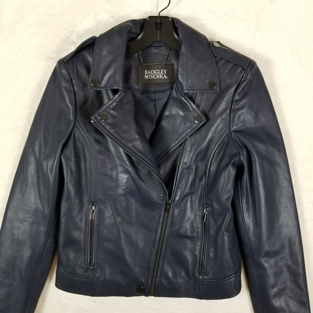 Badgley Mischka Leather‎ Moto Jacket Womens M Navy Blue Asymmetrical Zip Biker - Picture 3 of 11